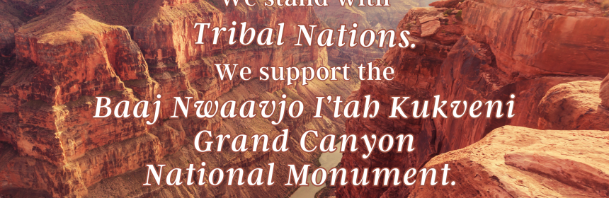 An image of the grand canyon with the words "We stand with tribal nations. we support the Baaj Nwaavjo I'tah Kukveni Grand Canyon National Monument